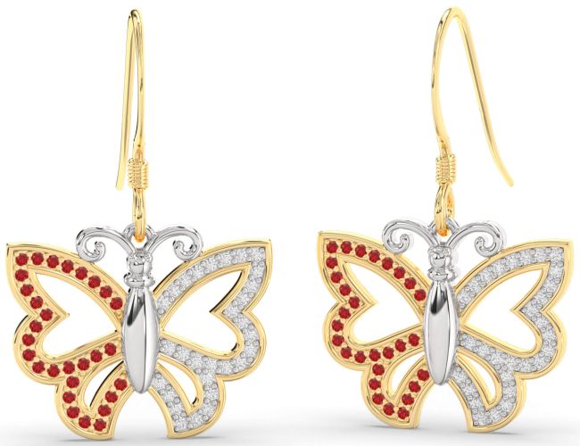 Diamond & Ruby Gold Silver Butterfly Dangle Earrings
