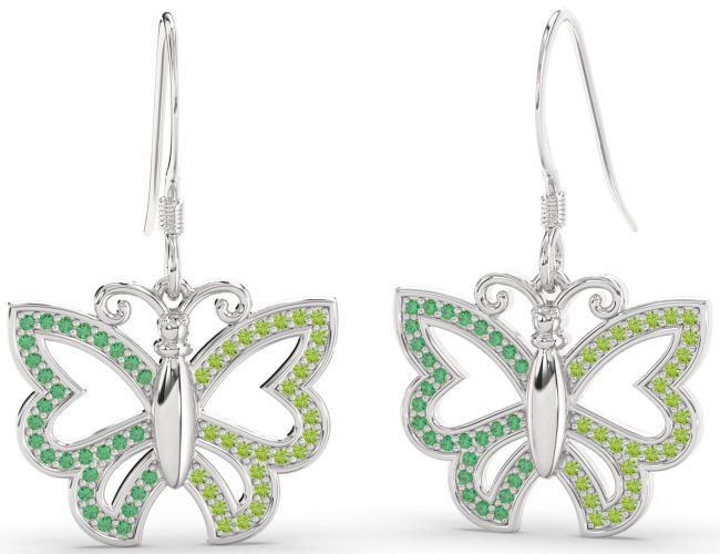 Emerald & Peridot Platinum Butterfly Dangle Earrings
