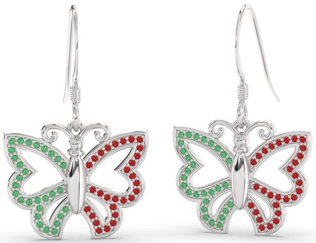 Emerald & Ruby White Gold Butterfly Dangle Earrings
