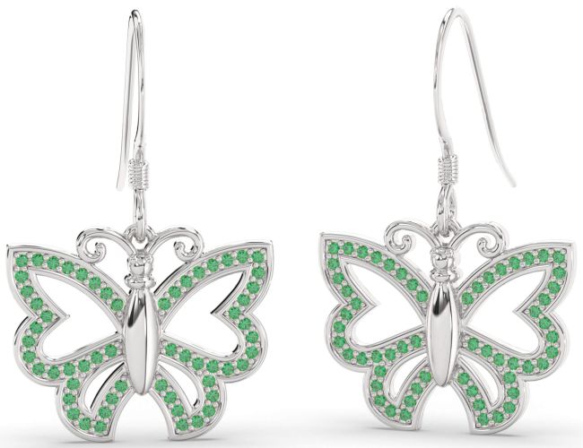 Emerald Platinum Butterfly Dangle Earrings
