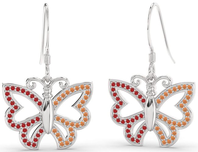 Ruby & Citrine Silver Butterfly Dangle Earrings