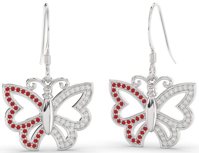 Diamond & Ruby Silver Butterfly Dangle Earrings