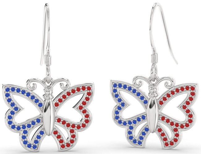 Blue Sapphire & Ruby Platinum Butterfly Dangle Earrings