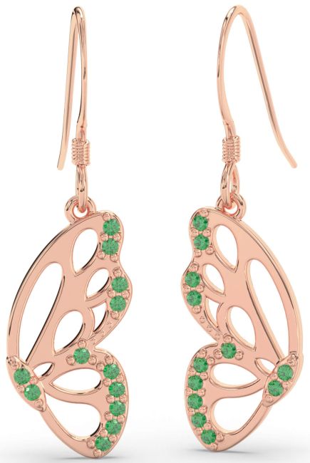 Emerald Rose Gold Silver Butterfly Dangle Earrings