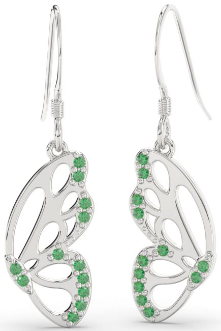 Emerald Platinum Butterfly Dangle Earrings