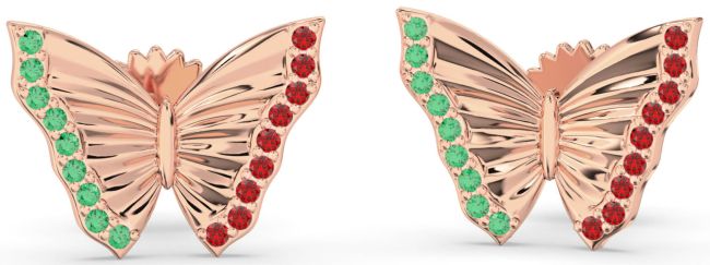 Emerald & Ruby Rose Gold Butterfly Stud Earrings