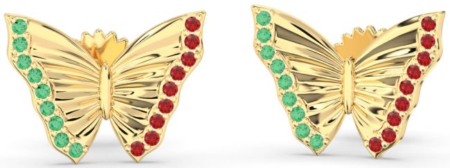 Emerald & Ruby Gold Silver Butterfly Stud Earrings
