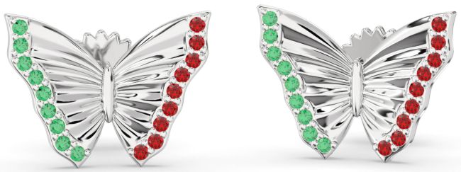 Emerald & Ruby White Gold Butterfly Stud Earrings