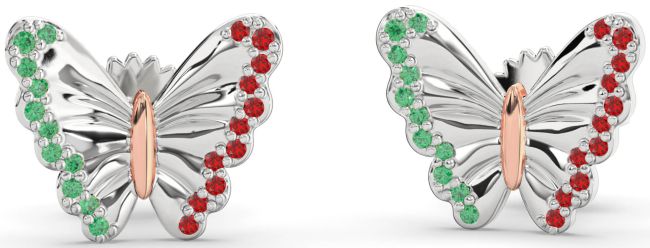 Emerald & Ruby Rose Gold Silver Butterfly Stud Earrings