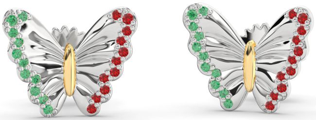 Emerald & Ruby White Yellow Gold Butterfly Stud Earrings