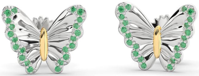 Emerald White Yellow Gold Butterfly Stud Earrings