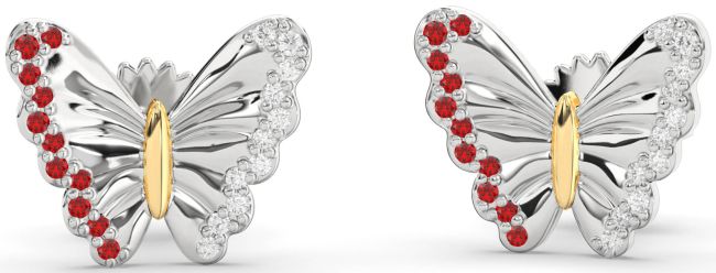Diamond & Ruby Gold Silver Butterfly Stud Earrings