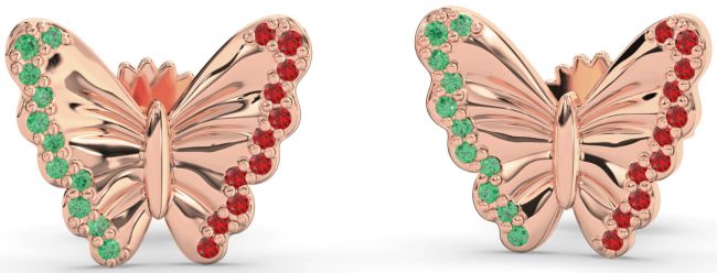 Emerald & Ruby Rose Gold Butterfly Stud Earrings