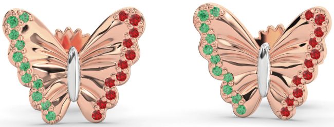 Emerald & Ruby White Rose Gold Butterfly Stud Earrings
