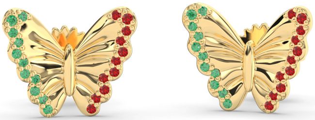 Emerald & Ruby Gold Silver Butterfly Stud Earrings