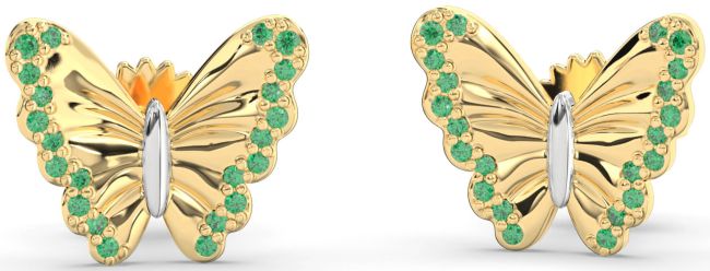 Emerald White Yellow Gold Butterfly Stud Earrings