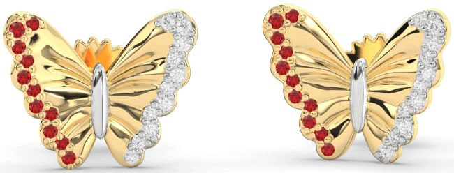 Diamond & Ruby Gold Silver Butterfly Stud Earrings