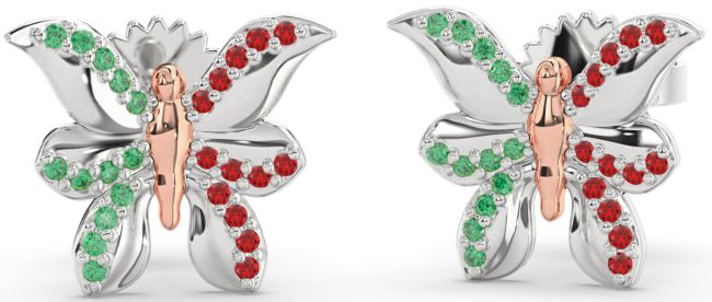 Emerald & Ruby Platinum & Rose Gold Butterfly Dangle Earrings