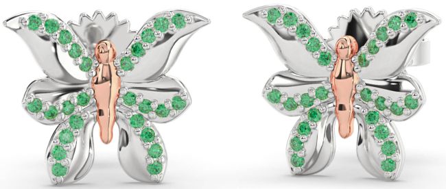 Emerald Platinum & Rose Gold Butterfly Dangle Earrings