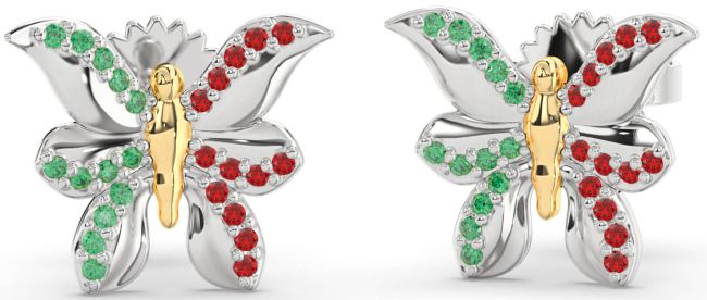 Emerald & Ruby Silver & 10K gold Butterfly Dangle Earrings