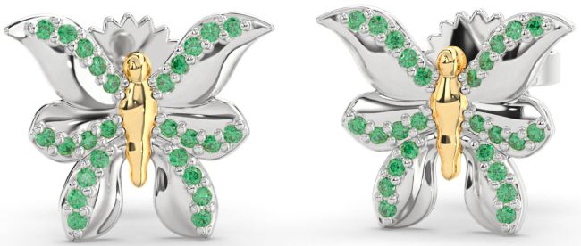 Emerald White Yellow Gold Butterfly Dangle Earrings