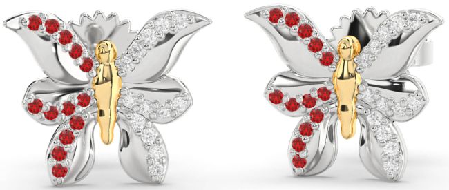 Diamond & Ruby Gold Silver Butterfly Dangle Earrings