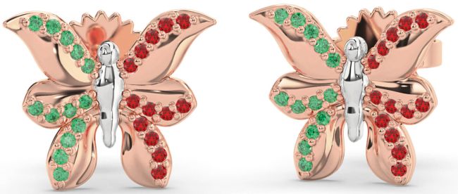 Emerald & Ruby White Rose Gold Butterfly Dangle Earrings