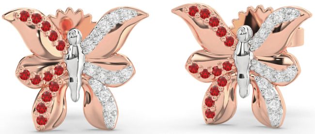 Diamond & Ruby Rose Gold Silver Butterfly Dangle Earrings