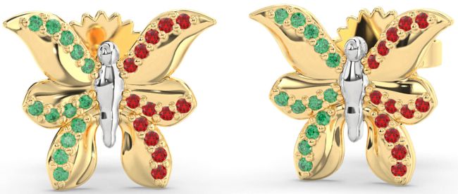 Emerald & Ruby Gold Silver Butterfly Dangle Earrings