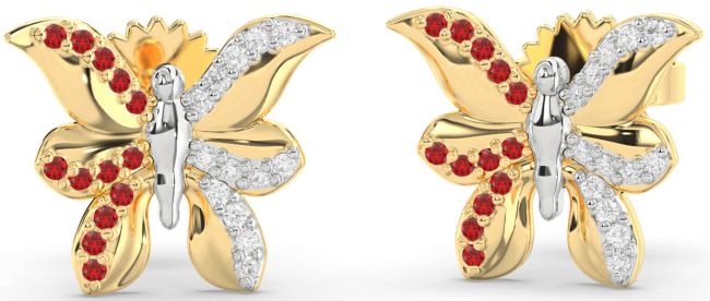 Diamond & Ruby Gold Silver Butterfly Dangle Earrings