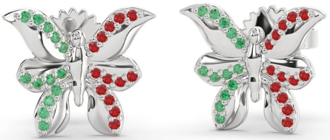 Emerald & Ruby White Gold Butterfly Dangle Earrings