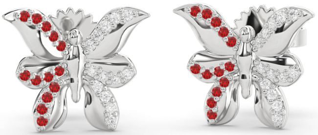 Diamond & Ruby Platinum Butterfly Dangle Earrings