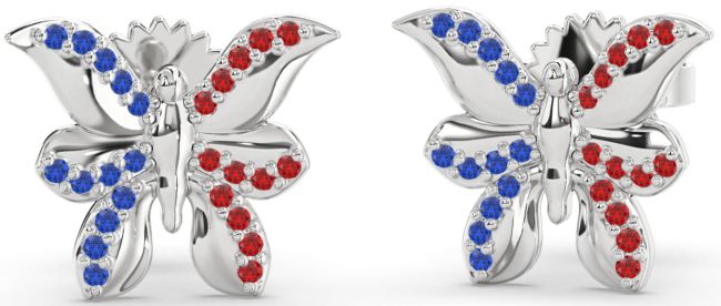 Blue Sapphire & Ruby Platinum Butterfly Dangle Earrings