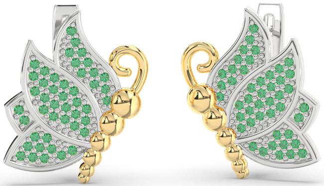 Emerald Silver & 10K gold Butterfly Dangle Earrings