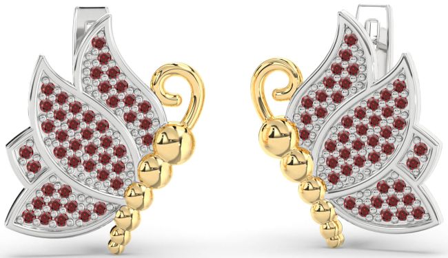 Garnet Platinum & Yellow Gold Butterfly Dangle Earrings