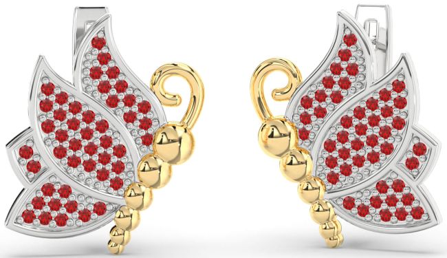 Ruby White Yellow Gold Butterfly Dangle Earrings