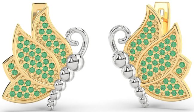 Emerald Gold Silver Butterfly Dangle Earrings