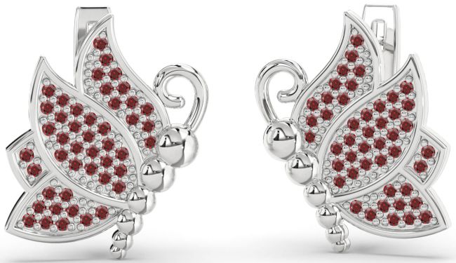 Garnet Platinum Butterfly Dangle Earrings