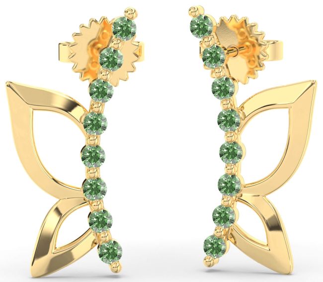Green Diamond Gold Silver Butterfly Dangle Earrings