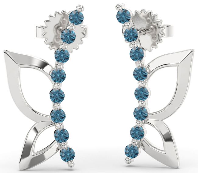Blue Diamond Silver Butterfly Dangle Earrings