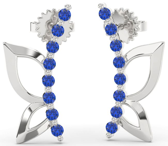 Blue Sapphire Silver Butterfly Dangle Earrings