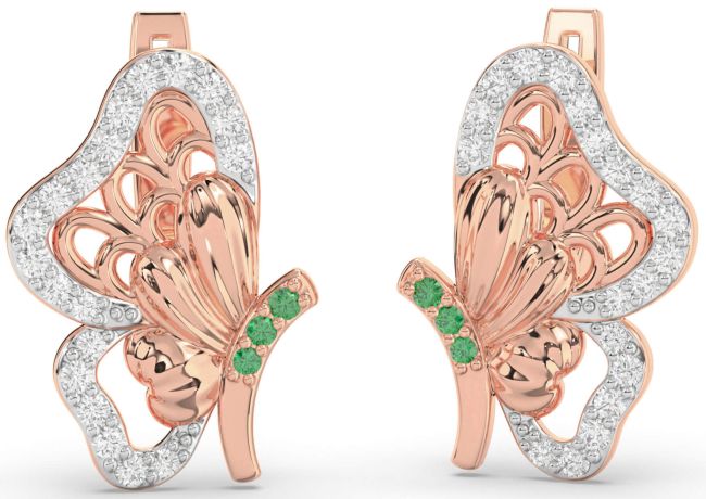 Diamond Emerald Rose Gold Silver Butterfly Dangle Earrings