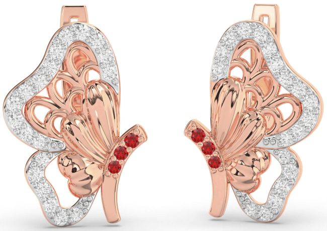Diamond Ruby Rose Gold Butterfly Dangle Earrings