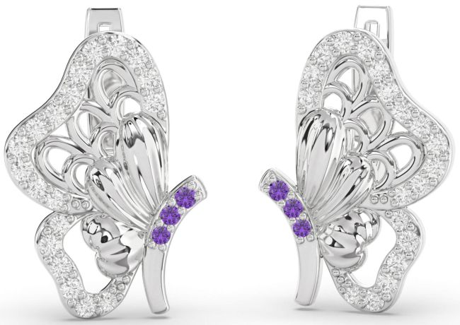 Diamond Amethyst Silver Butterfly Dangle Earrings