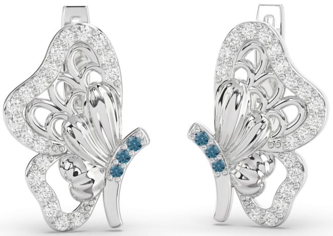 Blue Diamond Silver Butterfly Dangle Earrings
