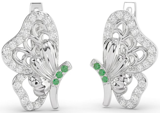 Diamond Emerald Platinum Butterfly Dangle Earrings
