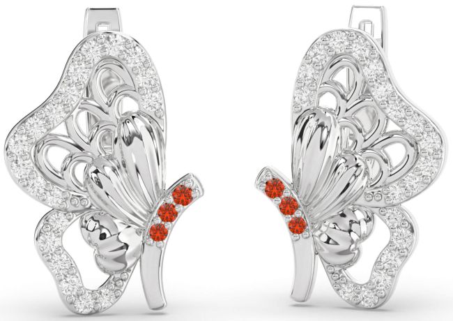 Diamond Fire Opal Silver Butterfly Dangle Earrings
