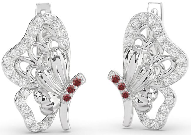 Diamond Garnet Silver Butterfly Dangle Earrings