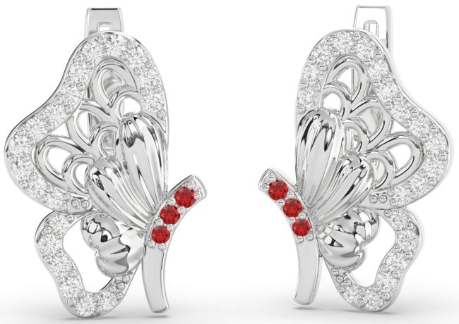 Diamond Ruby White Gold Butterfly Dangle Earrings