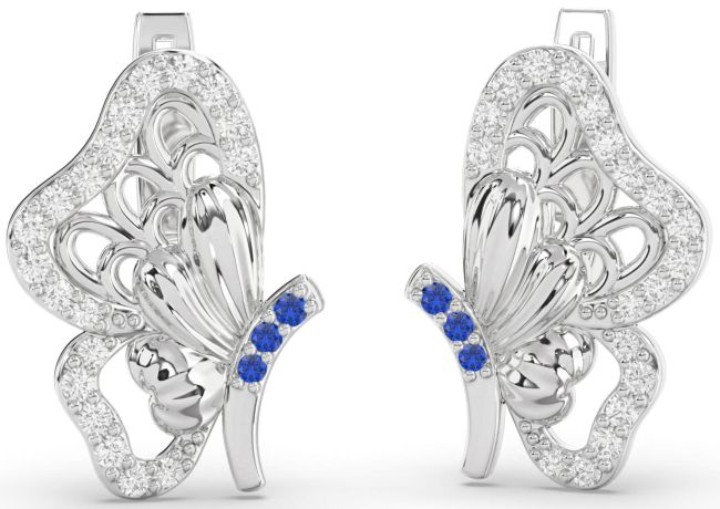 Diamond Blue Sapphire Silver Butterfly Dangle Earrings